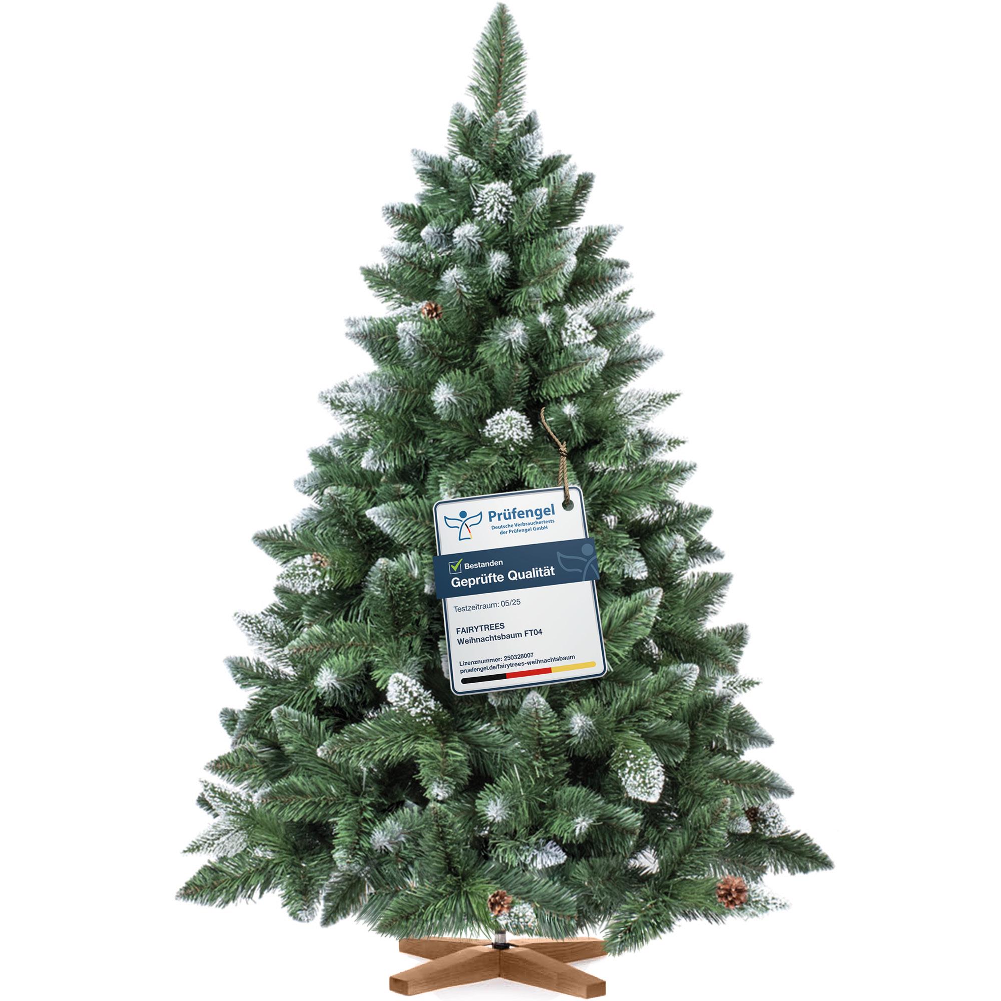 FairyTrees Weihnachtsbaum künstlich Kiefer mit Christbaum Holzständer | Tannenbaum künstlich mit Natur-Weiss beschneit | Made in EU