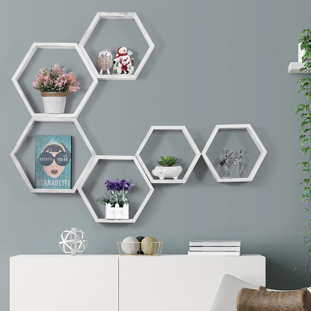 Set of 6 Wooden Hexagon Shelves Wall Shelves Etsy