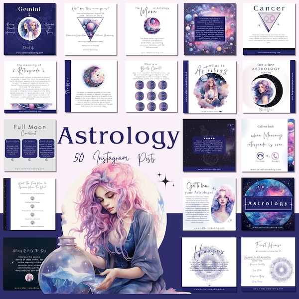 Lot de modèles de publication Instagram astrologie, lot de publications sur les réseaux sociaux, publications Instagram spirituelles, modèle d'horoscope, signes du zodiaque, mystique