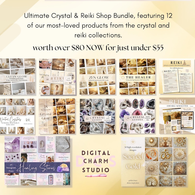 May include: A digital shop bundle featuring 12 crystal and reiki products, including images, guides, and printables. The bundle is worth over $80 and is available for under $55. The products include "Clean Glow", "Zen Glow", "The Healer", "Crystal Glow", "Crystal Geodes", "Sacred Gold", and "Healing Stones".