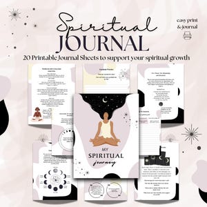 Può includere: Un diario spirituale stampabile con 20 fogli per supportare la crescita spirituale. La copertina presenta una donna che medita con un cielo stellato sopra la sua testa. Il testo "My Spiritual Journey" è stampato sulla copertina.