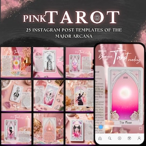 Modelli di post Instagram per i Tarocchi Rosa su Canva, modelli di carte dei Tarocchi completamente modificabili, 22 Arcani Maggiori + spiegazioni, Cristalli e sfumature rosa