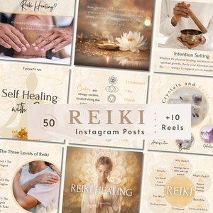 Pode incluir: Uma colagem de imagens que promovem a cura com Reiki. As imagens apresentam uma variedade de temas, incluindo autocura, cristais e os três níveis de Reiki. O texto "Reiki Instagram Posts +10 Reels" aparece no centro da colagem.