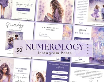 Könnte beinhalten: Eine Collage aus Bildern, die numerologische Dienstleistungen bewerben. Die Bilder zeigen Aquarell-Illustrationen von Menschen, Zahlen und Blumen. Der Text enthält die Wörter "Numerologie", "3 Bedeutungen der Zahl", "Erfolg und Leistung", "Sonderpreisliste", "Kinder-Numerologie", "Dein Geburtsdatum", "Warum eine Beratung in Betracht ziehen", "Höre auf die Zahlen" und "30 Instagram-Posts".