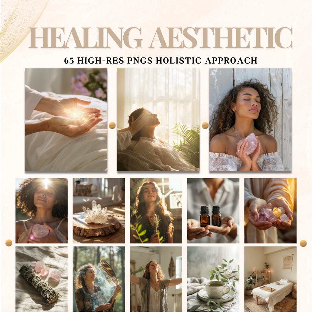 Healing Aesthetic Bundle – 65 Light-Filled Spiritual Images | Holistic Wellness Photos | Instagram PNGs | Reiki, Crystals, Energy Healing