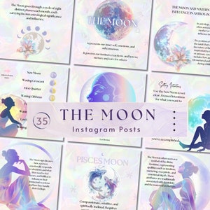 May include: A collage of Instagram posts about the moon in astrology. The posts feature illustrations of the moon in different phases, along with text about the moon's influence on emotions, instincts, and reactions. The text also mentions the moon's association with the divine feminine and the maternal archetype.