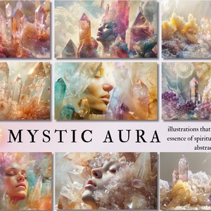 Puede incluir: Un collage de ilustraciones digitales que presenta un rostro de mujer rodeado de formaciones de cristales coloridos. El texto "MYSTIC AURA" se muestra en el centro de la imagen. El texto "illustrations that capture the essence of spiritual, chic, and abstract" se muestra en la esquina inferior derecha.