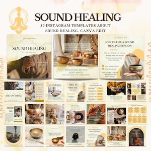 Puede incluir: 30 plantillas de Instagram para la sanación por sonido. Las plantillas presentan imágenes de cuencos cantores, una persona meditando y texto sobre sesiones de sanación por sonido. Las plantillas están diseñadas para ser editadas en Canva.