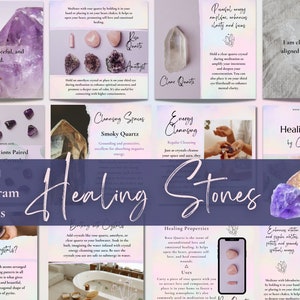 May include: A collage of images featuring various healing crystals and stones, with text about their properties and uses. The text includes phrases like "I am calm, peaceful, and relaxed" and "I am clear, focused, and aligned with my purpose". The images are set against a purple background with a white border.
