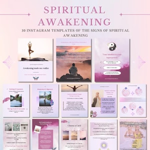 Puede incluir: Un conjunto de 30 plantillas de Instagram con el tema del despertar espiritual. Las plantillas presentan imágenes, texto y gráficos en tonos de morado, rosa y blanco. El texto incluye frases como "Despertar espiritual" y "Tu intuición es tu superpoder."