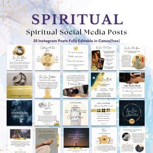 Könnte beinhalten: Eine Collage aus 35 Instagram-Postvorlagen für spirituelle Inhalte. Die Vorlagen zeigen eine Vielzahl von Designs und Farben, darunter Gold, Schwarz und Weiß. Der Text auf den Vorlagen enthält Sätze wie "Neumondritual", "Vollmondmeditation", "Geistführer" und "Tägliches Hexenritual".