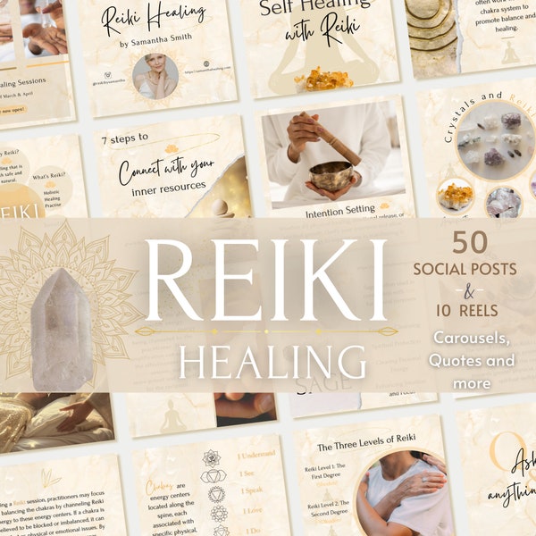 Publicaciones de Reiki en redes sociales, Sanación energética, Plantillas de Instagram para maestros y practicantes de Reiki, Plantillas Canva Reiki, Sanación con cristales