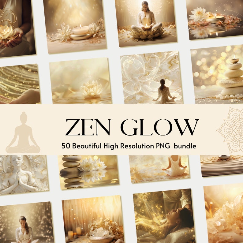 May include: A collection of 50 high-resolution digital images featuring a zen glow theme. The images include various elements such as candles, lotus flowers, stones, and people meditating in peaceful settings.