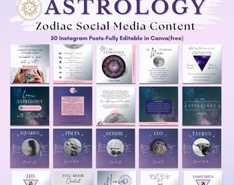 May include: A collection of 50 Instagram post templates for astrology content. The templates feature a purple and pink color scheme with images of zodiac signs, planets, and stars. The text on the templates includes phrases like "Learn Astrology with Celestia", "Full Moon Checklist", and "Houses".