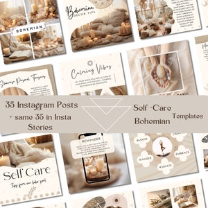 Könnte beinhalten: Eine Collage von Bildern mit einem Boho-Thema. Die Bilder zeigen Kerzen, Kristalle und andere Dekorationsartikel. Der Text "Self-Care Bohemian Templates" wird oben in der Collage angezeigt. Der Text "35 Instagram Posts + same 35 in Insta Stories" wird in der Mitte der Collage angezeigt.