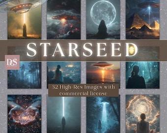May include: A digital collection of 32 high-resolution images titled STARSEED, featuring various scenes of UFOs, silhouettes of figures, glowing light beams, celestial bodies, and cosmic landscapes in dark, atmospheric, and ethereal color palettes.