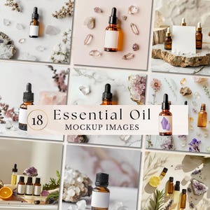 Puede incluir: Un collage de 18 imágenes de maquetas con botellas de vidrio ámbar con goteros, perfectas para mostrar aceites esenciales. Las botellas se muestran en varios fondos, incluyendo mármol, madera y cristales.