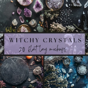 May include: A collection of 20 flat lay mockups featuring various crystals and stones on different backgrounds. The mockups are perfect for showcasing jewelry, beauty products, or other small items.