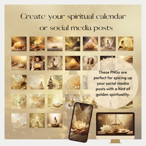 May include: A collection of 36 digital images featuring a golden spiritual theme. The images include a variety of subjects, such as lotus flowers, crystals, and meditating figures. The images are perfect for creating a spiritual calendar or social media posts.