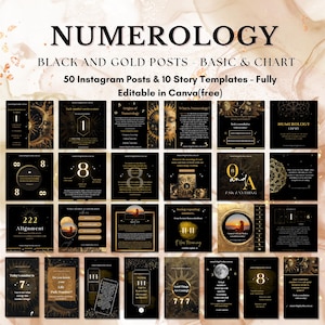 Pacchetto Instagram di numerologia nera e oro, modelli di post, modelli di storie, contenuti di numerologia per Instagram, numeri del percorso di vita, compleanni