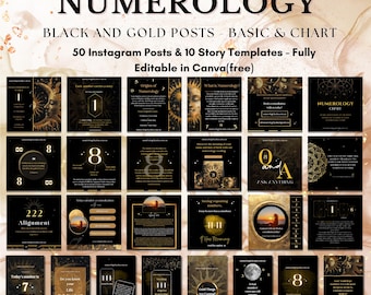 May include: A set of 50 black and gold Instagram posts and 10 story templates for numerology. The templates feature a variety of numbers, symbols, and text, including "Numerology Chart", "222 Alignment", "Ask Anything", and "777 Good Things Are Coming".