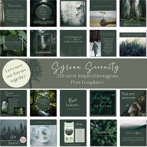 Forest Inspired Instagram Templates, Forest Green Instagram Post Templates, Earthy Feed, Adventure and Travel, Nature Quotes, Minimalist