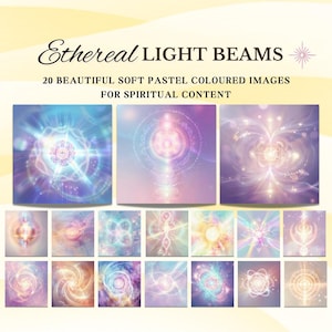 Könnte beinhalten: 20 digitale Bilder von ätherischen Lichtstrahlen in sanften Pastellfarben. Die Bilder zeigen abstrakte Designs mit leuchtenden Kugeln und geometrischen Formen. Diese Bilder sind perfekt für spirituelle Inhalte.