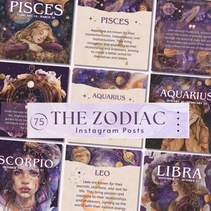 Pakiet szablonów postów na Instagramie o tematyce astrologicznej, pakiet postów w mediach społecznościowych, posty na Instagramie dotyczące znaków zodiaku, szablon horoskopu, znaki zodiaku, mistyczne
