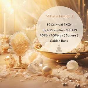May include: A collection of 50 high-resolution spiritual PNG images in golden hues. Each image is 4096 x 4096 pixels (square) and 300 DPI.