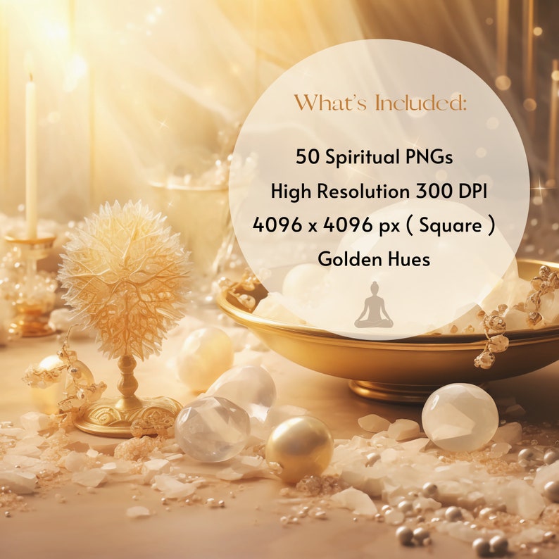 May include: A collection of 50 high-resolution spiritual PNG images in golden hues. Each image is 4096 x 4096 pixels (square) and 300 DPI.