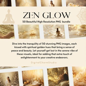 May include: A digital art bundle of 50 high-resolution PNG images featuring a serene, golden glow theme. The images depict peaceful scenes with spiritual elements, such as meditating figures and lotus flowers.