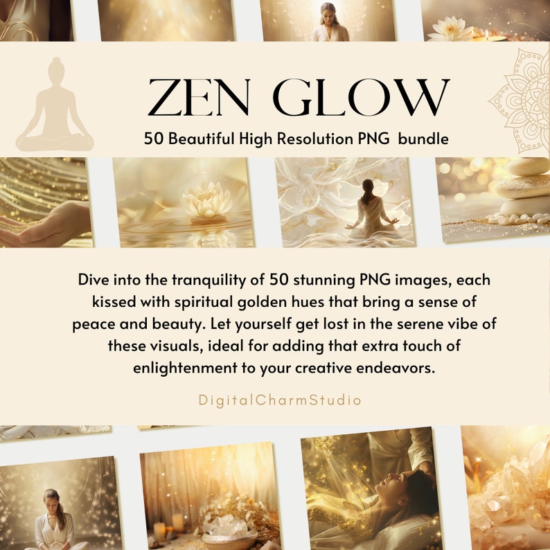 May include: A digital art bundle of 50 high-resolution PNG images featuring a serene, golden glow theme. The images depict peaceful scenes with spiritual elements, such as meditating figures and lotus flowers.