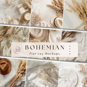 Könnte beinhalten: Eine Sammlung von 20 Bohemian Flat Lay Mockups mit verschiedenen Texturen und Farben, darunter Weiß, Beige und Braun. Die Mockups beinhalten getrocknete Blumen, Hüte und andere dekorative Elemente.