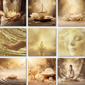 May include: A collage of images depicting a golden theme with elements of meditation and relaxation. The images include a lotus flower, a scale, a candle, a person meditating, a woman holding a candle, and a zen garden.