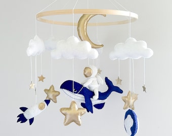 Space baby mobile, nursery decoration with whale and astronaut, planet and stars mobile, baby shower gift