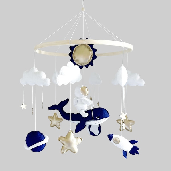 Space baby mobile, nursery decoration with whale, astronaut, planet and stars mobile, baby shower gift