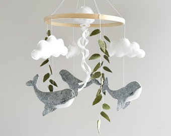 Whale baby mobile nautical natural decoration, baby shower gift with neutral colors, minimalist felt ocean decoration