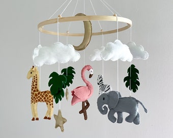 Safari baby mobile with elephant, zebra, giraffe, flamingo and monstera leaves, Africa neutral mobile, crib hanging mobile with animals