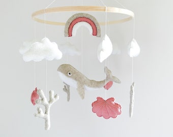 Ocean baby mobile nursery decoration, nautical gift for baby girl, whale, shells, corals mobile