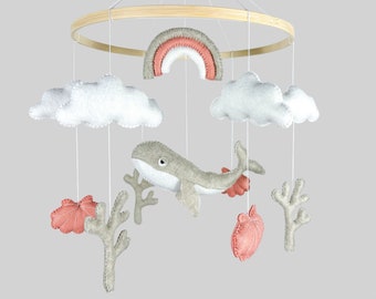 Ocean baby mobile nursery decoration, nautical gift for baby girl, whale, shells, corals mobile