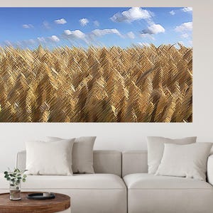 Peut inclure: Une grande impression d'art mural rectangulaire représentant un champ de blé doré stylisé sous un ciel bleu vif avec des nuages blancs. L'œuvre présente un effet texturé rappelant des coups de pinceau sur tout le paysage.
