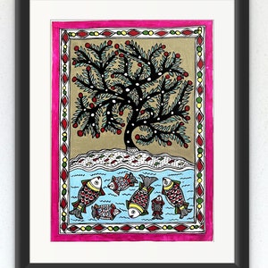Whimsical Waters: A Tale of Trees and Fishes | Madhubani Painting | Handmade