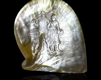 French Polynesian Hand-Carved Pearl Shell. With Stand.