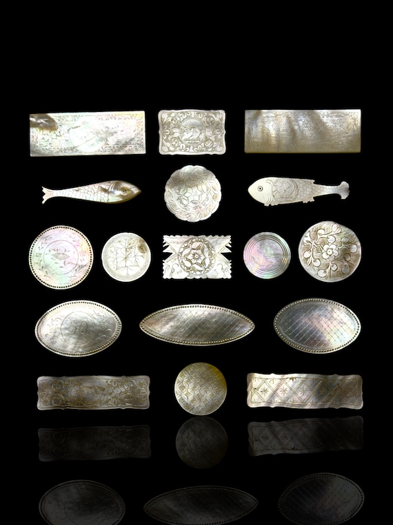 Antique Mother of Pearl Gaming Counters: 18th-19th Century. Ready for Framing.