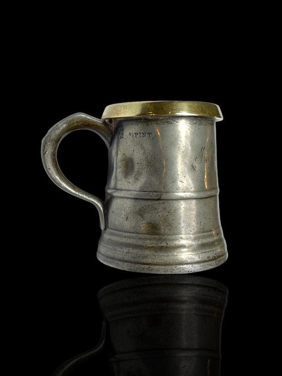 Antique Half Pint Pewter Tankard with Brass Rim. Engraved and Stamped.