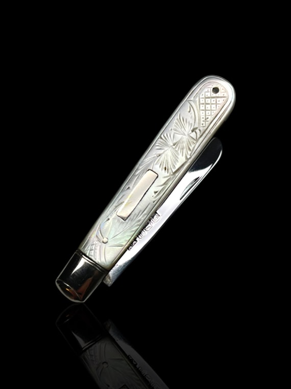 Edwardian 1910 Sterling Silver & Carved Mother-of-Pearl Folding Pocket Knife by William Needham, London