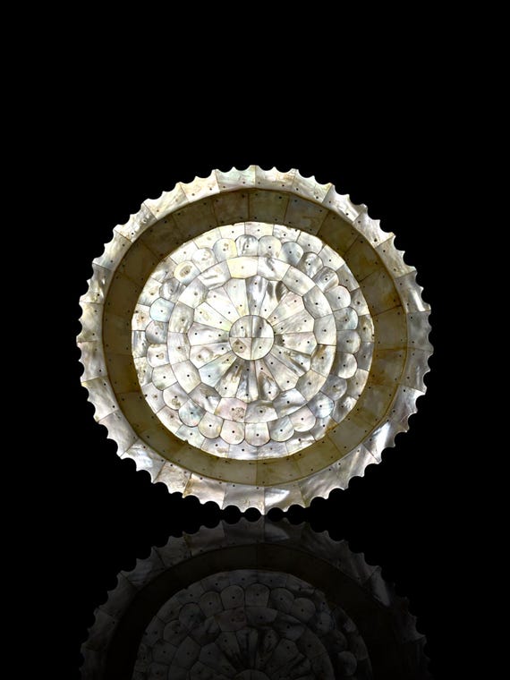A large and fine quality antique Goa mother of pearl serving dish. With stand.