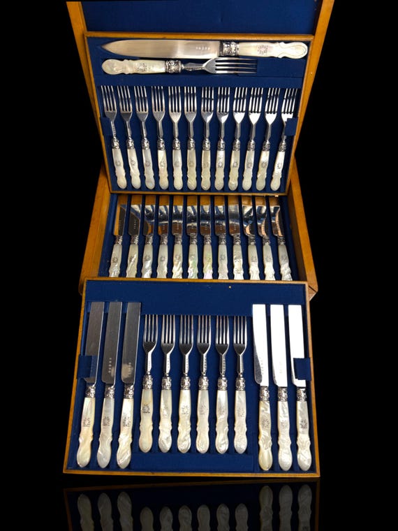 Antique 38pc Cutlery Set. Mother of Pearl and Silver Plate. Cased.