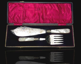 Massive Victorian Mother of Pearl Fish Serving Set: Circa 1890, Silver Plate, Cased.