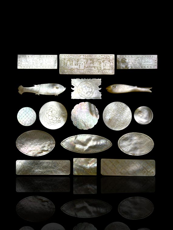 Antique Mother of Pearl Gaming Counters: 18th-19th Century, Hand-carved. Ready for Framing.